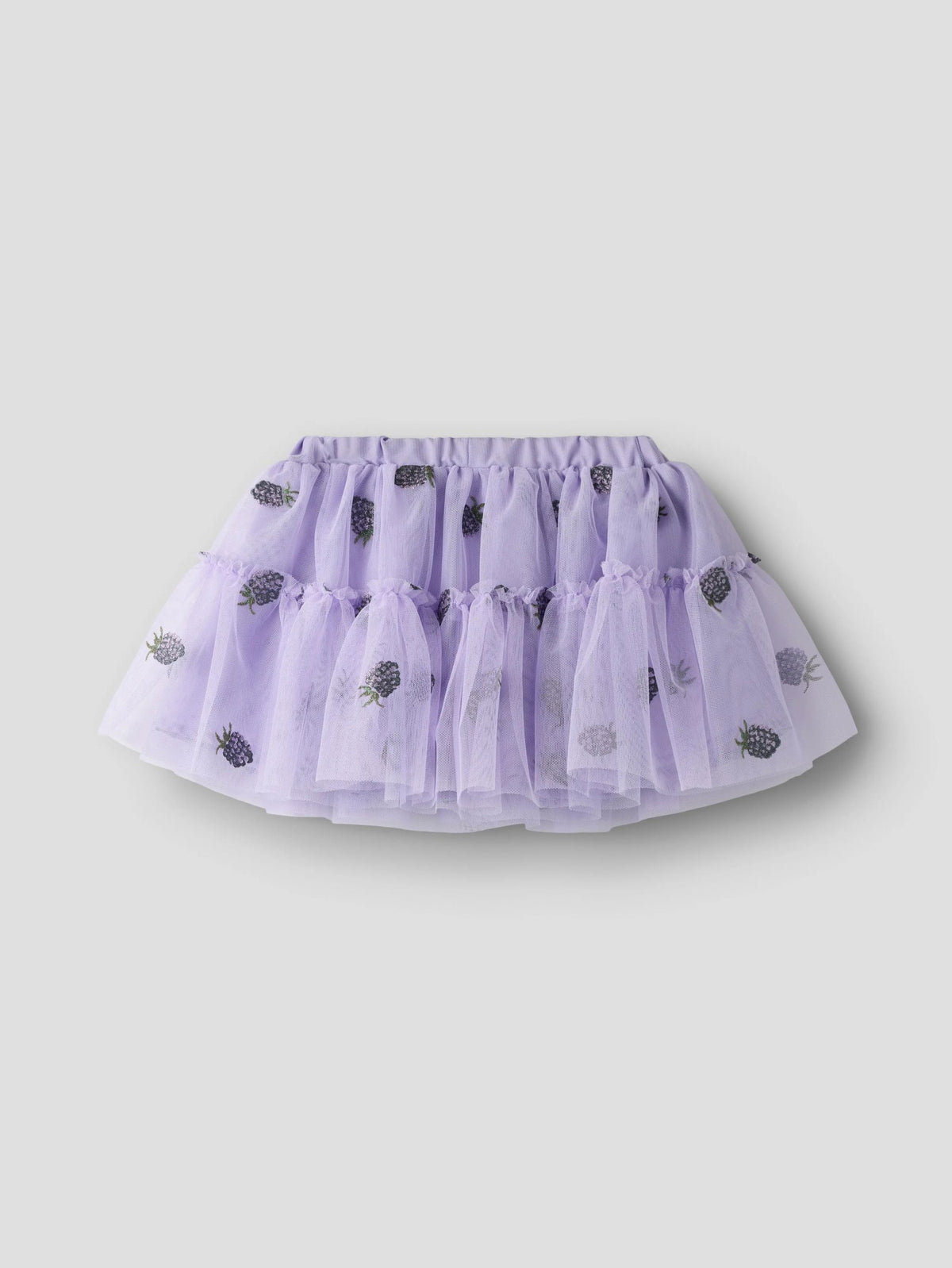 A light purple tiered tulle tutu skirt with small black embroidered pinecone motifs, displayed against a solid light gray background.