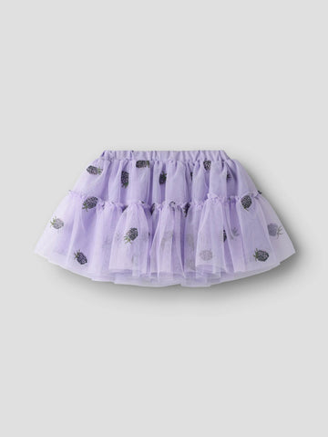 A light purple tiered tulle tutu skirt with small black embroidered pinecone motifs, displayed against a solid light gray background.
