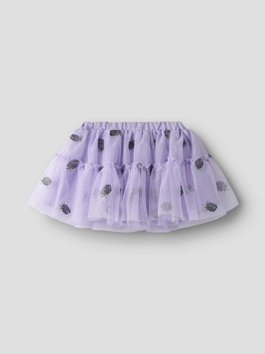 A light purple tiered tulle tutu skirt with small black embroidered pinecone motifs, displayed against a solid light gray background.