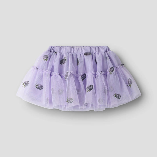 Lavender tulle skirt with floral patterns on a white background