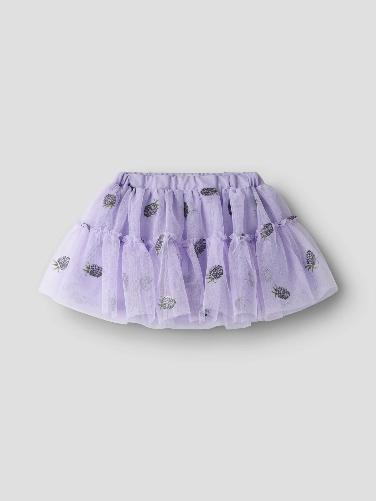 Lavender tulle skirt with floral patterns on a white background