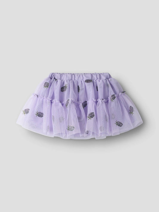 Lavender tulle skirt with floral patterns on a white background