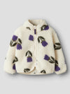 White fleece jacket with purple floral patterns on a light gray background