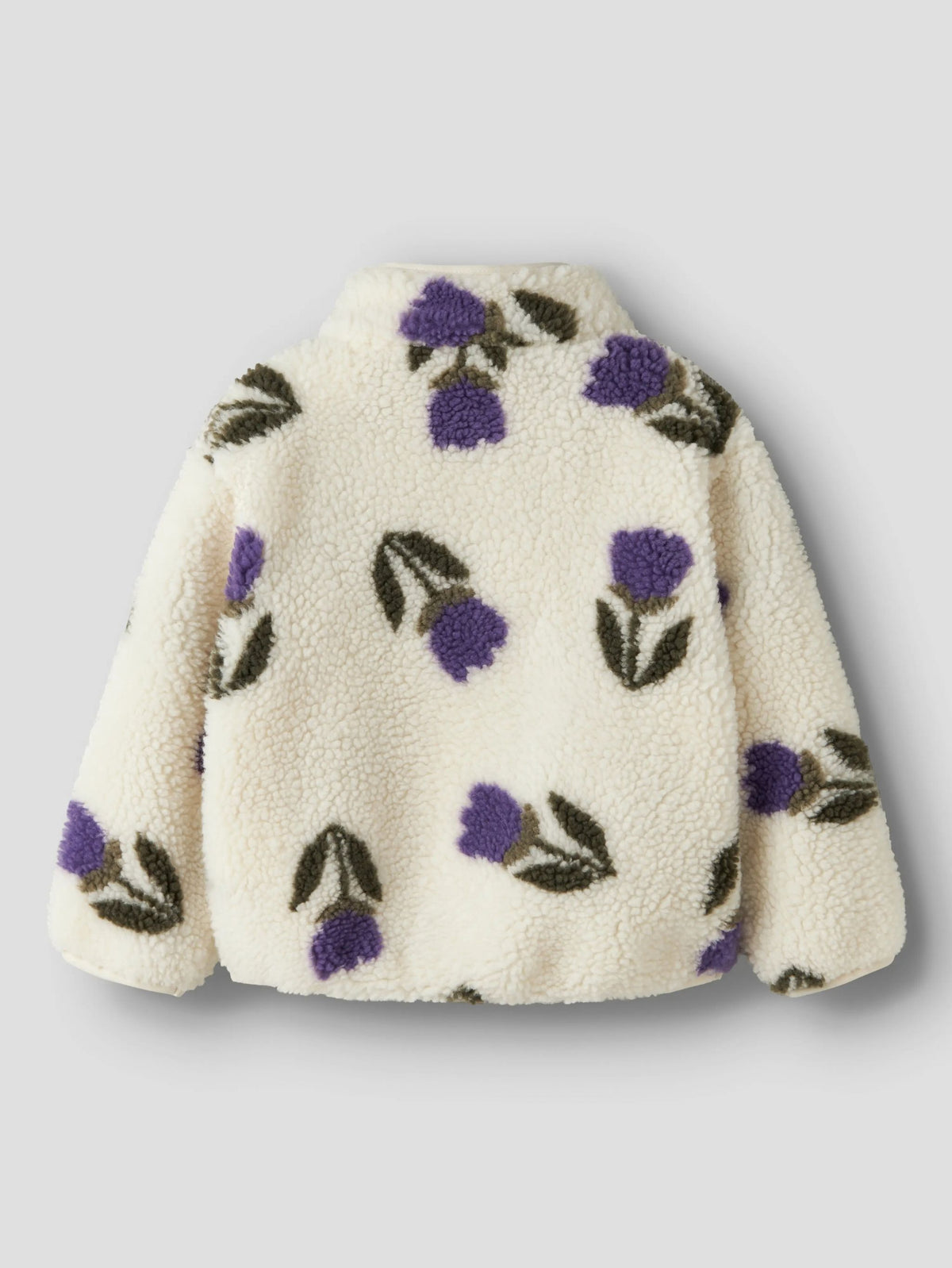 White fleece jacket with purple floral patterns on a light gray background