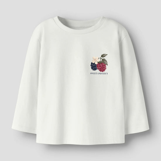 An off-white long-sleeve t-shirt with a small colorful berry graphic and the text 'SWEETENARY' printed on the left chest, displayed on a neutral light gray background.
