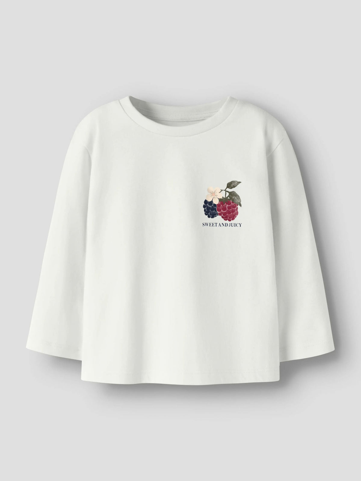 An off-white long-sleeve t-shirt with a small colorful berry graphic and the text 'SWEETENARY' printed on the left chest, displayed on a neutral light gray background.