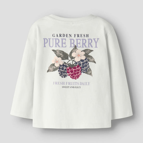 White t-shirt with 'Garden Fresh Pure Berry' graphic on a light gray background