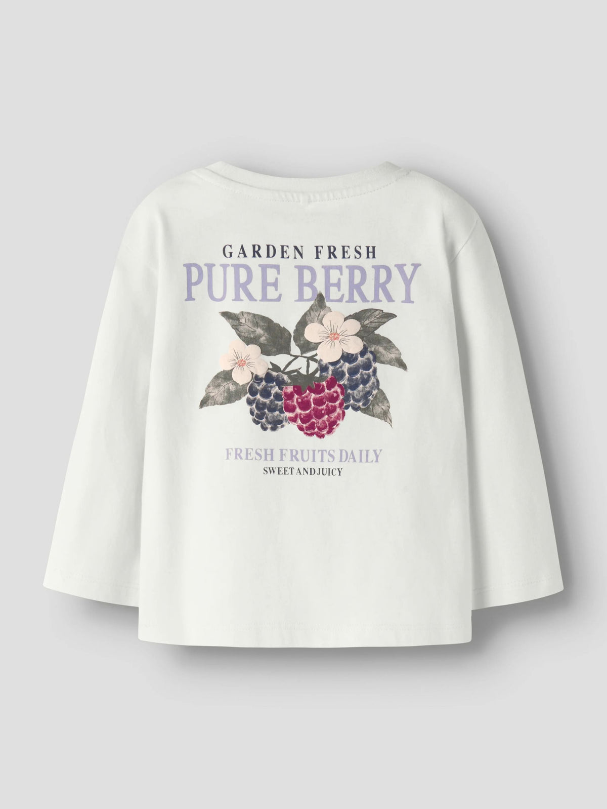 White t-shirt with 'Garden Fresh Pure Berry' graphic on a light gray background