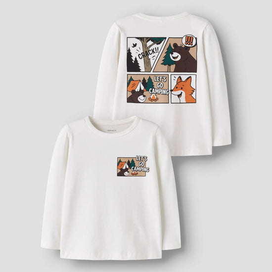 Two white long-sleeve children's t-shirts shown on a light gray background. The top shirt shows the back with a large four-panel cartoon graphic featuring animals and the text 'Lets go Camping"