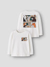 Two white long-sleeve children's t-shirts shown on a light gray background. The top shirt shows the back with a large four-panel cartoon graphic featuring animals and the text 'Lets go Camping"