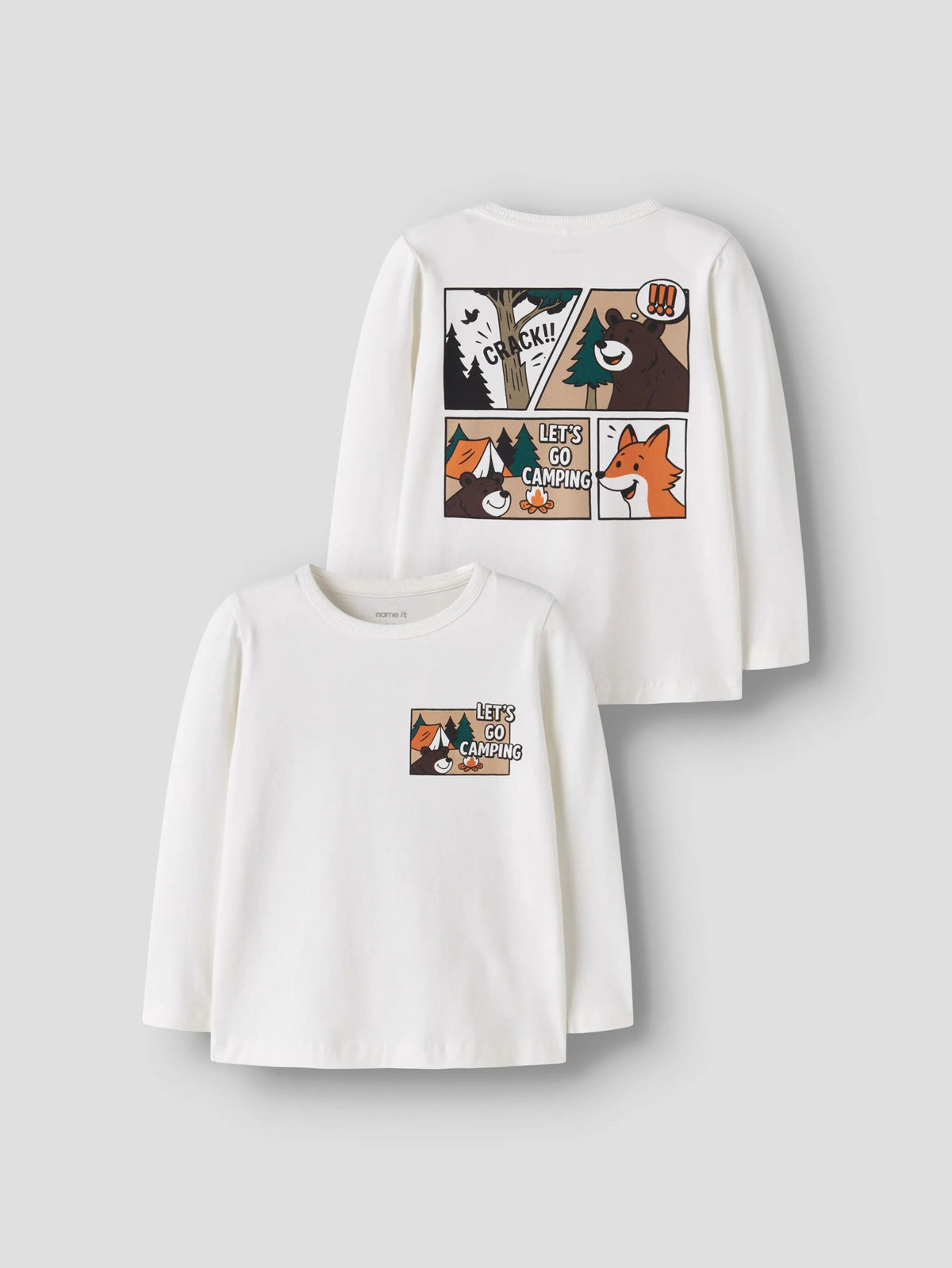 Two white long-sleeve children's t-shirts shown on a light gray background. The top shirt shows the back with a large four-panel cartoon graphic featuring animals and the text 'Lets go Camping"