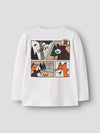 A white long-sleeve t-shirt with a cartoon comic-style camping graphic on the back, featuring a bear, fox, and campfire scene with text.