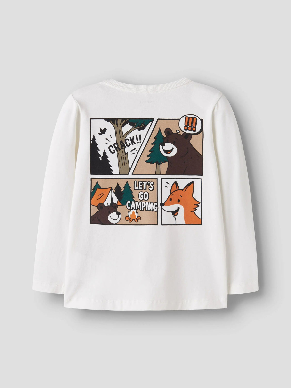 A white long-sleeve t-shirt with a cartoon comic-style camping graphic on the back, featuring a bear, fox, and campfire scene with text.