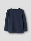 A navy blue long-sleeve top shown from the back, photographed against a neutral light gray background.