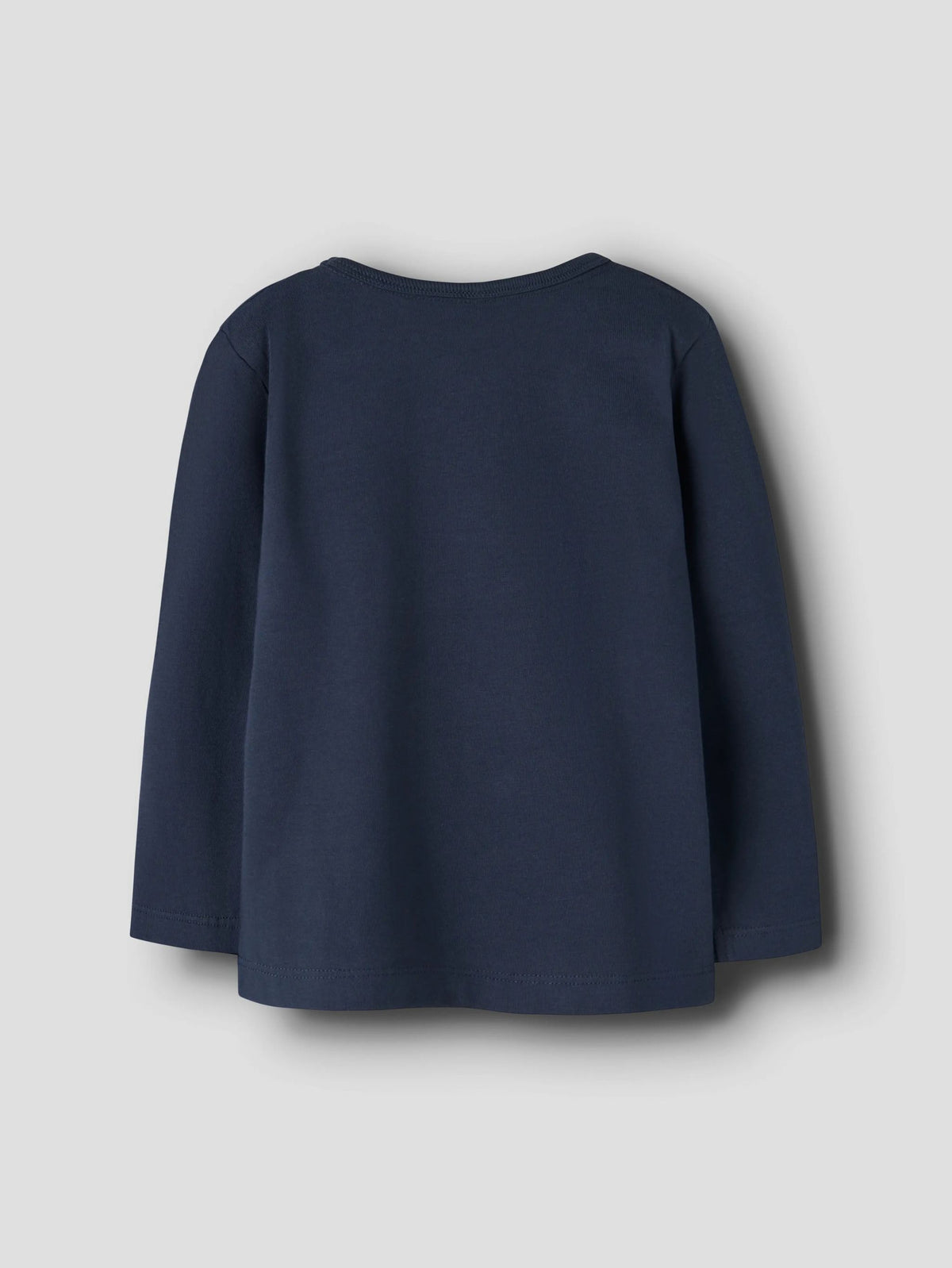 A navy blue long-sleeve top shown from the back, photographed against a neutral light gray background.