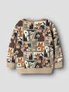 A children's long-sleeve sweatshirt with a beige base and a cartoon comic-panel print featuring foxes, bears, pine trees, and camping text, shown on a light gray background.
