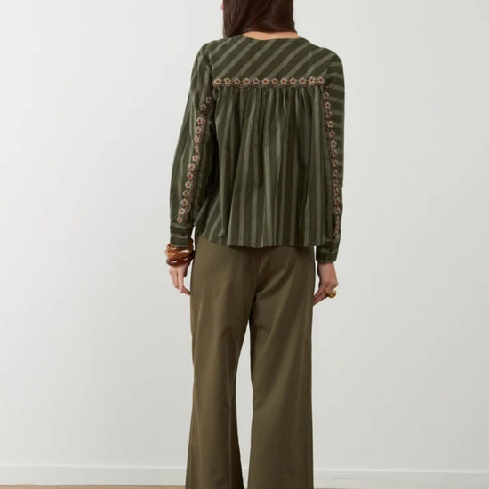 A woman is shown from the back wearing a green striped long-sleeve top with embroidered details down the sleeves and a pleated back, paired with olive green wide-leg pants and dark brown shoes, set against a plain white wall.