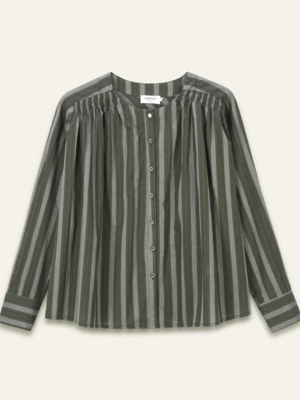 A long-sleeve button-front blouse with vertical stripes in olive green, featuring a pleated yoke at the neckline, shown against a light cream background.