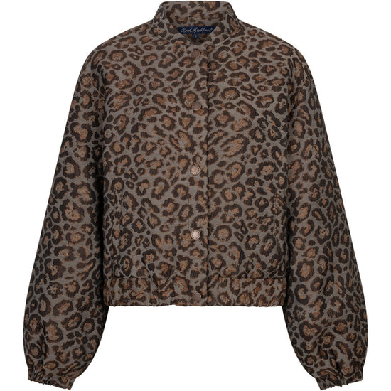 A cropped button-up jacket featuring a brown and black leopard print pattern, displayed on a clean white background.