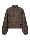 A cropped button-up jacket featuring a brown and black leopard print pattern, displayed on a clean white background.