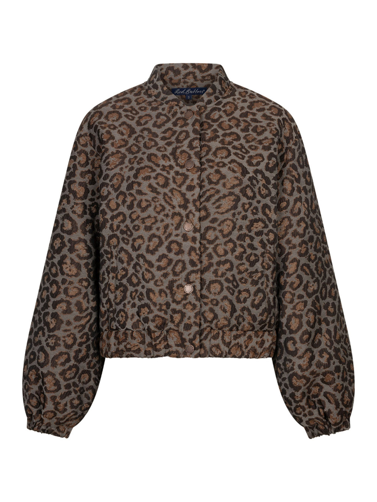 A cropped button-up jacket featuring a brown and black leopard print pattern, displayed on a clean white background.