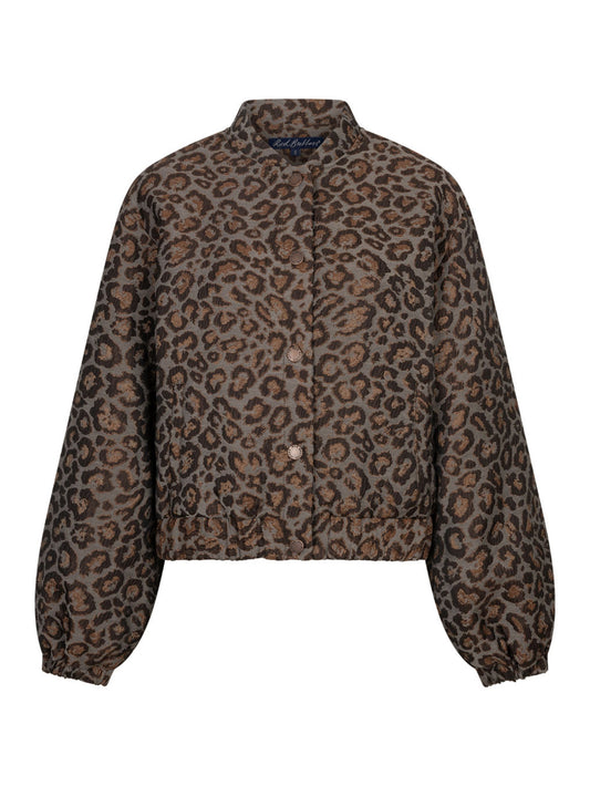 A cropped button-up jacket featuring a brown and black leopard print pattern, displayed on a clean white background.