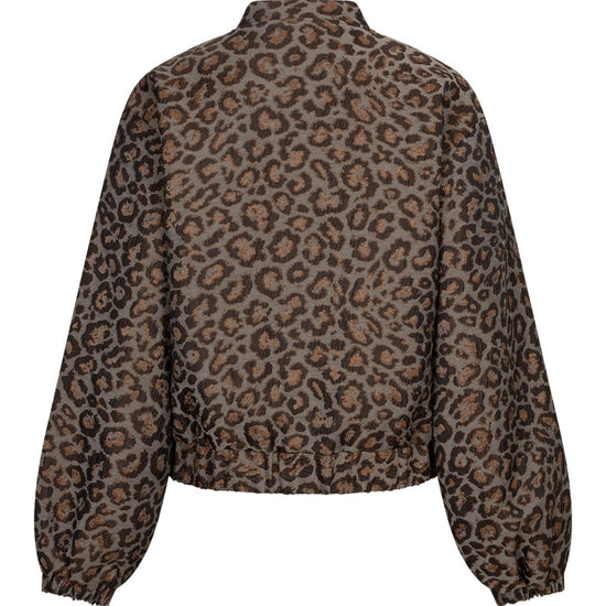 A cropped jacket with a brown and beige leopard print pattern, shown from the back on a plain white background.