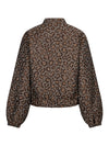 A cropped jacket with a brown and beige leopard print pattern, shown from the back on a plain white background.