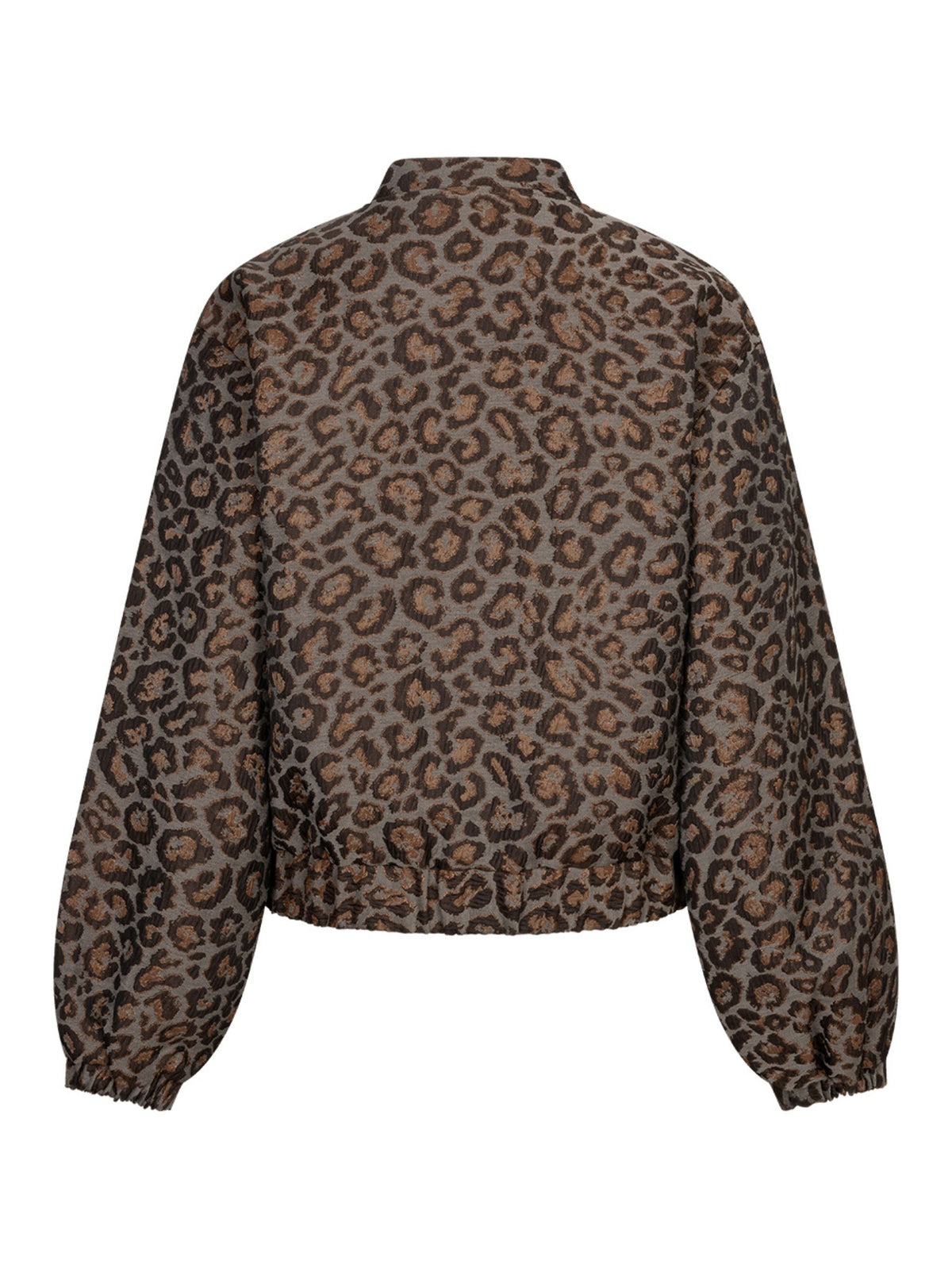 A cropped jacket with a brown and beige leopard print pattern, shown from the back on a plain white background.