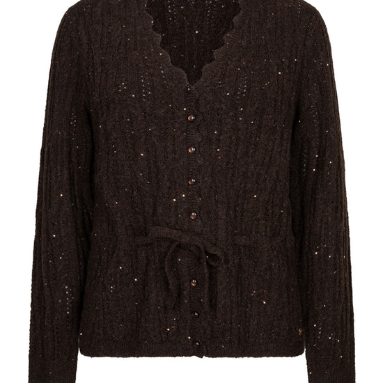 A dark brown cable-knit cardigan sweater with subtle silver glitter flecks, featuring a scalloped V-neckline, button-front closure, and a matching drawstring tie at the waist, shown against a plain white background.