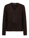 A dark brown cable-knit cardigan sweater with subtle silver glitter flecks, featuring a scalloped V-neckline, button-front closure, and a matching drawstring tie at the waist, shown against a plain white background.