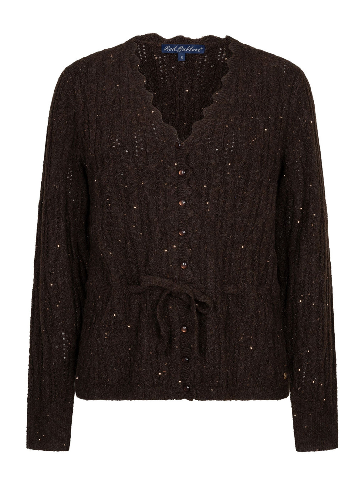 A dark brown cable-knit cardigan sweater with subtle silver glitter flecks, featuring a scalloped V-neckline, button-front closure, and a matching drawstring tie at the waist, shown against a plain white background.