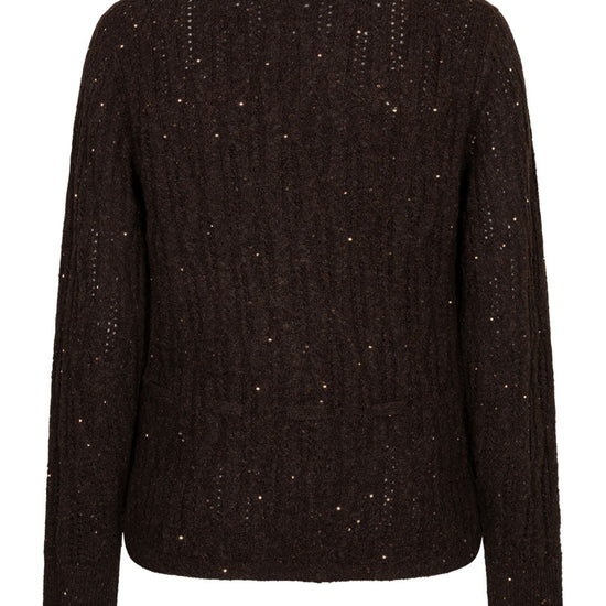 A dark brown cable-knit sweater with subtle silver glitter accents, shown from the back on a plain white background.