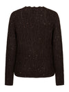 A dark brown cable-knit sweater with subtle silver glitter accents, shown from the back on a plain white background.