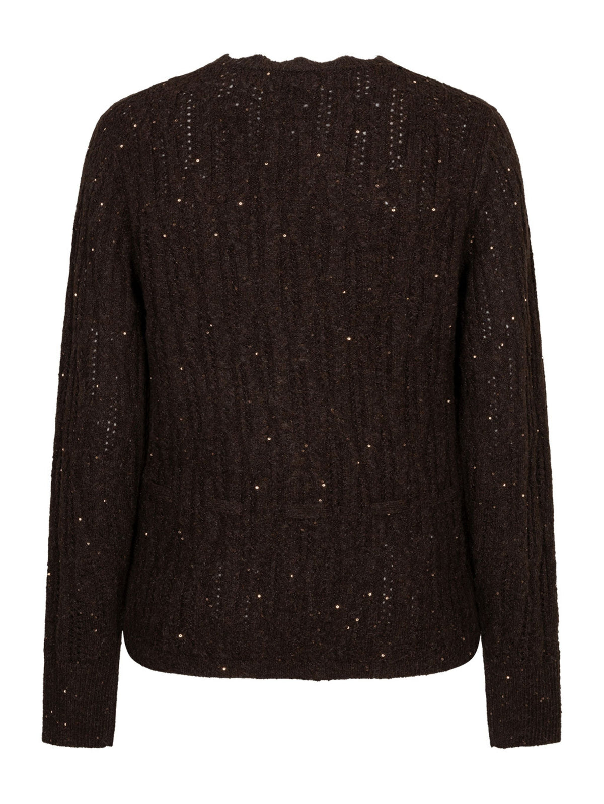 A dark brown cable-knit sweater with subtle silver glitter accents, shown from the back on a plain white background.