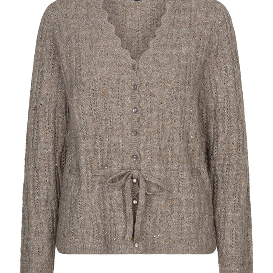 A taupe knit cardigan sweater with a scalloped V-neck, button-front closure, long sleeves, and a drawstring tie at the waist, shown on a plain white background.