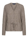A taupe knit cardigan sweater with a scalloped V-neck, button-front closure, long sleeves, and a drawstring tie at the waist, shown on a plain white background.