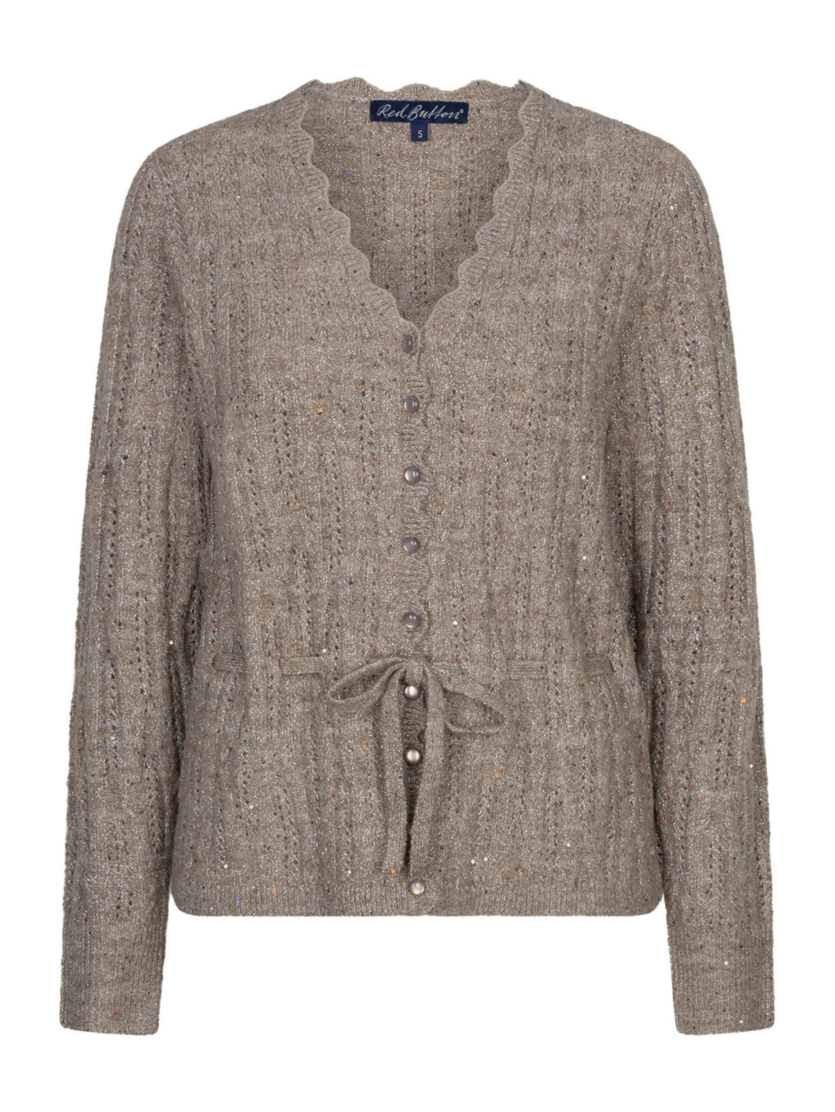A taupe knit cardigan sweater with a scalloped V-neck, button-front closure, long sleeves, and a drawstring tie at the waist, shown on a plain white background.