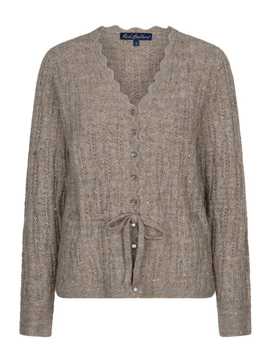 A taupe knit cardigan sweater with a scalloped V-neck, button-front closure, long sleeves, and a drawstring tie at the waist, shown on a plain white background.
