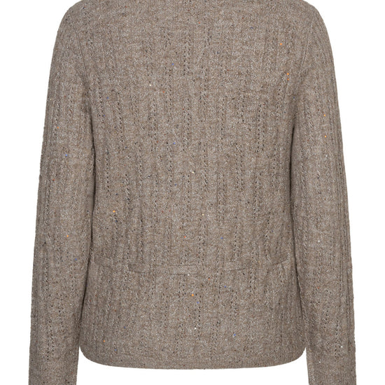 A textured, heathered taupe-brown cable-knit sweater shown from the back, featuring a crew neck and long sleeves, set against a plain white background.