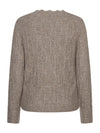 A textured, heathered taupe-brown cable-knit sweater shown from the back, featuring a crew neck and long sleeves, set against a plain white background.