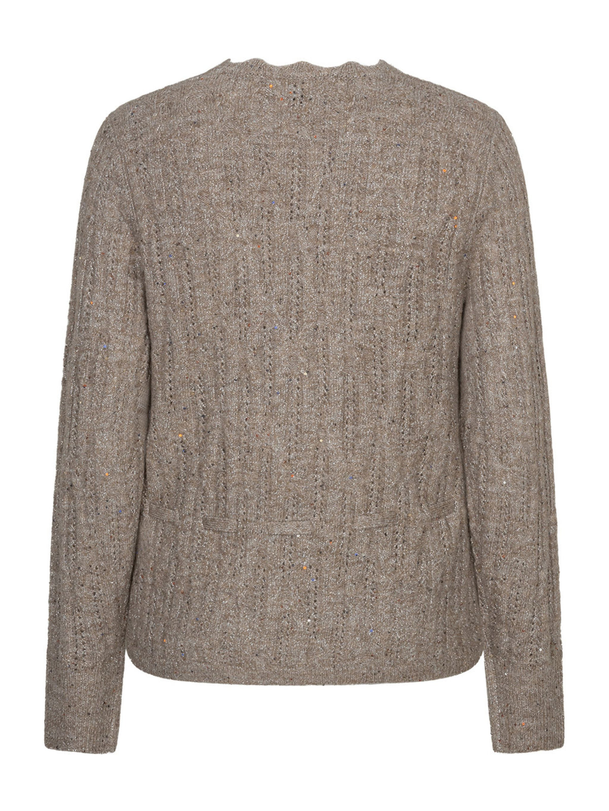 A textured, heathered taupe-brown cable-knit sweater shown from the back, featuring a crew neck and long sleeves, set against a plain white background.