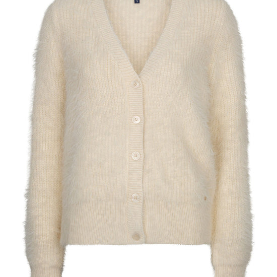 A cream-colored, fuzzy long-sleeve cardigan sweater with a V-neck and button-front closure, shown against a plain white background.