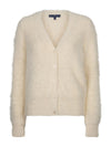 A cream-colored, fuzzy long-sleeve cardigan sweater with a V-neck and button-front closure, shown against a plain white background.
