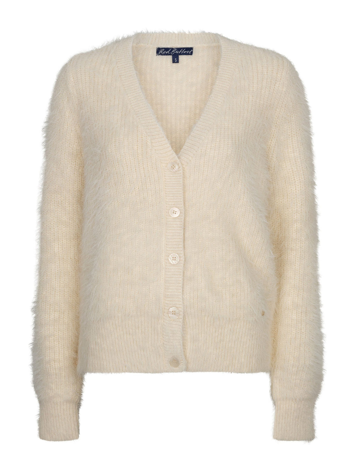 A cream-colored, fuzzy long-sleeve cardigan sweater with a V-neck and button-front closure, shown against a plain white background.