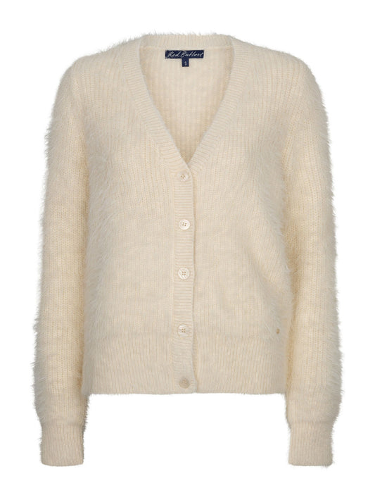 A cream-colored, fuzzy long-sleeve cardigan sweater with a V-neck and button-front closure, shown against a plain white background.