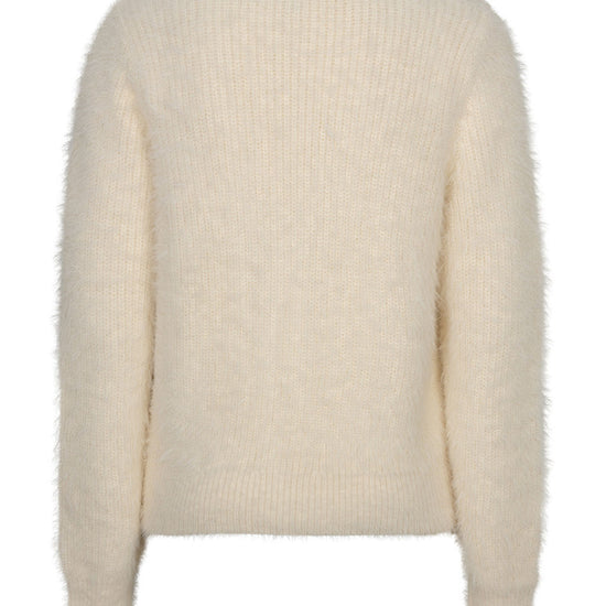 A cream-colored, long-sleeve fuzzy knit sweater shown from the back against a plain white background.