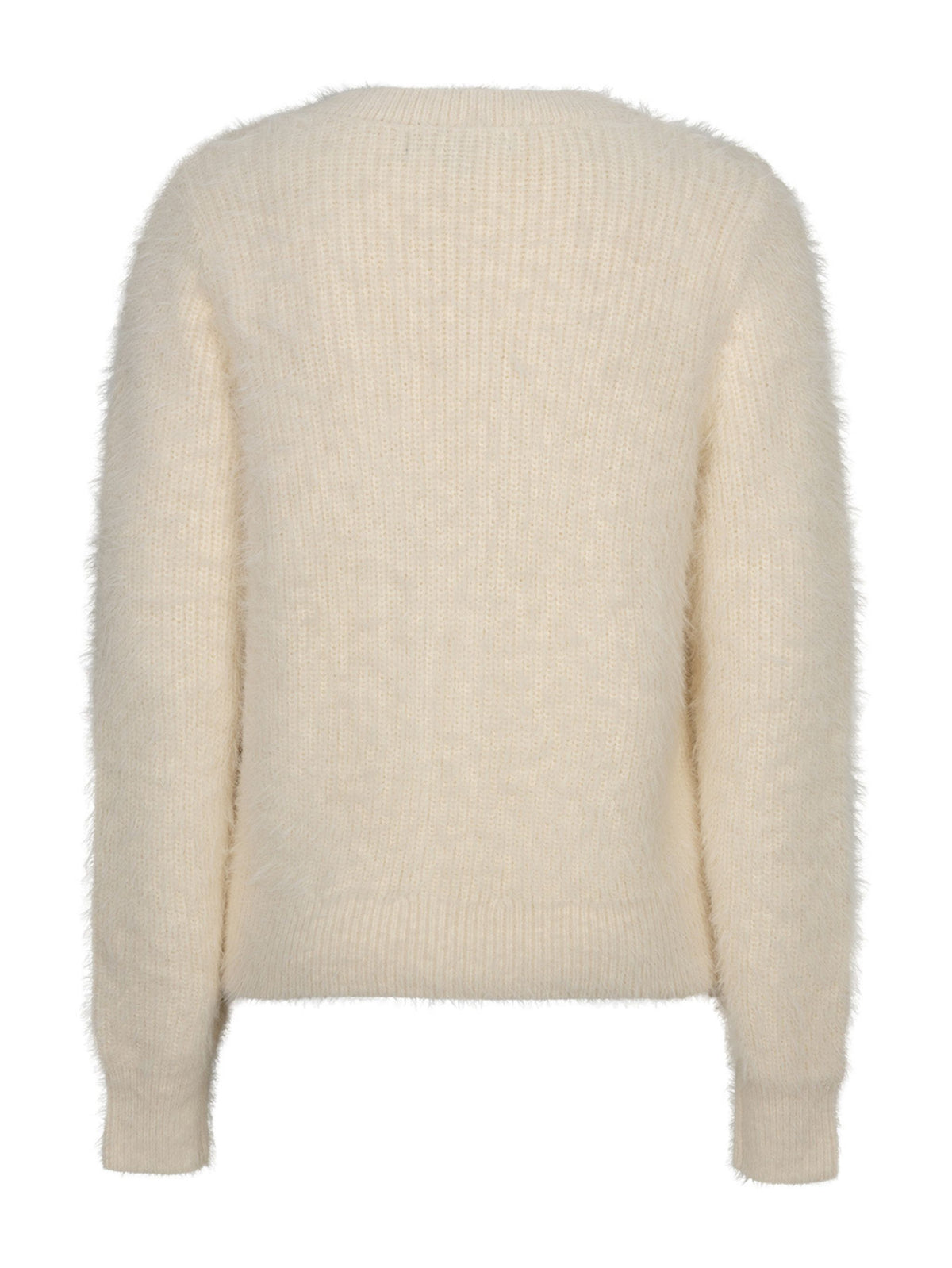 A cream-colored, long-sleeve fuzzy knit sweater shown from the back against a plain white background.