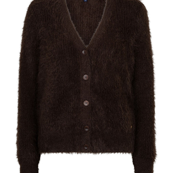 A dark brown fuzzy knit cardigan sweater with a V-neck, button-front closure, and long sleeves, shown on a plain white background.
