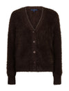 A dark brown fuzzy knit cardigan sweater with a V-neck, button-front closure, and long sleeves, shown on a plain white background.